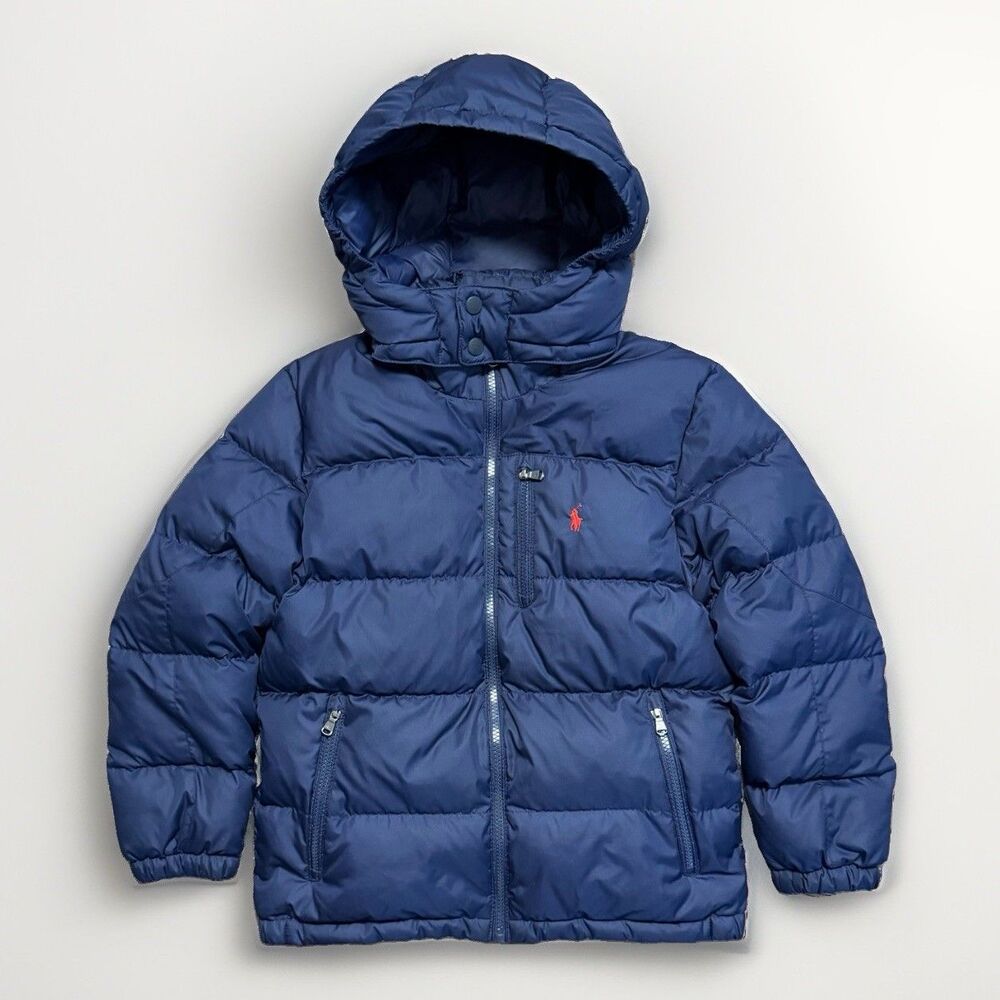 Polo Ralph Lauren Kids Puffer Jacket Down Navy-Blue Youth Size M 10-12 Hooded